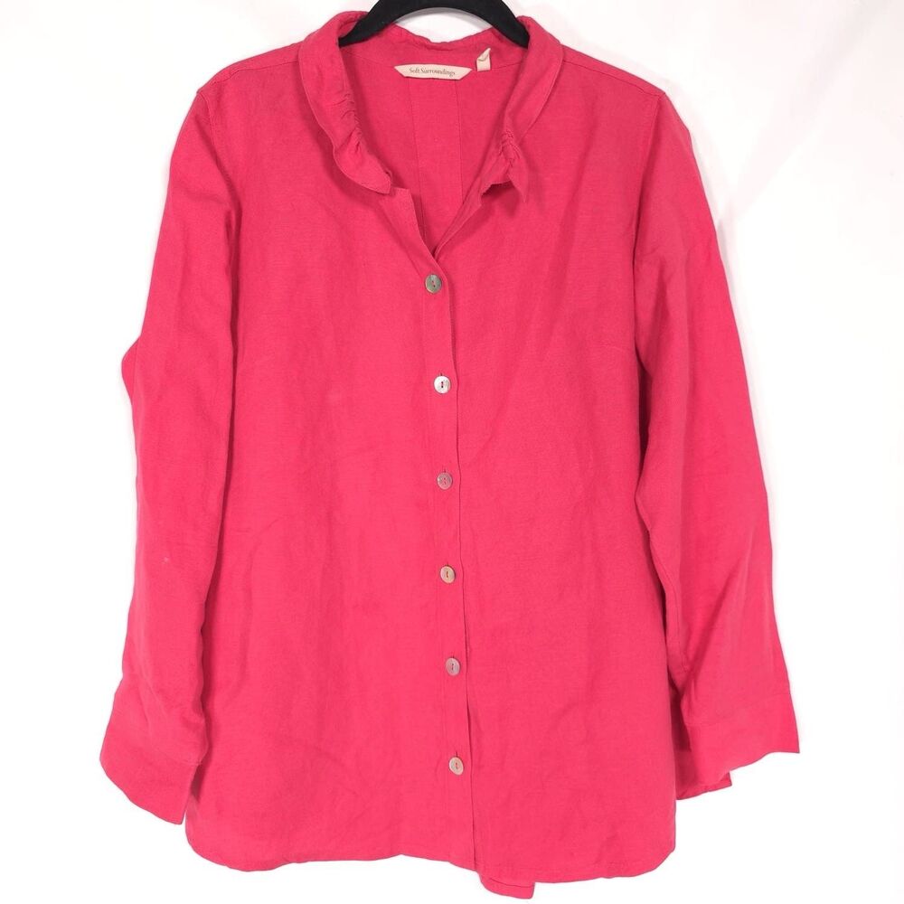 Soft Surroundings Tunic Top SMALL Pink LINEN BLEND Shirt Crinkle Collar 2DE60